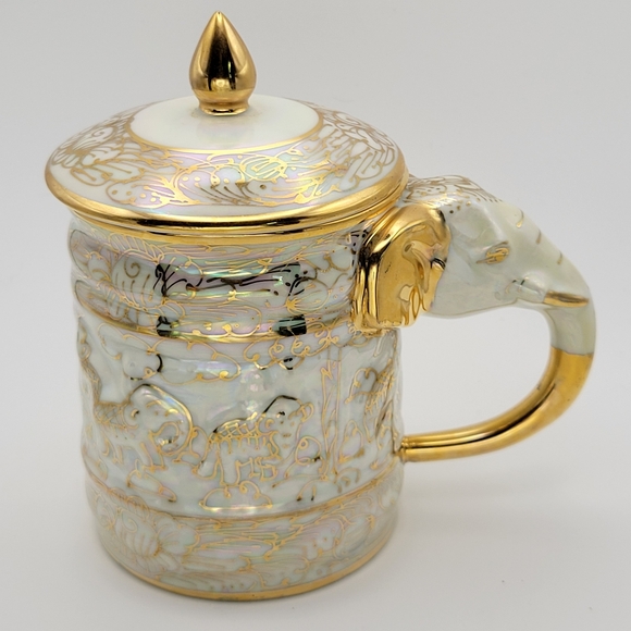 Vintage Benjarong Porcelain Tea Coffee Cup Elephant Handle Gold Gild Trim - Picture 2 of 11